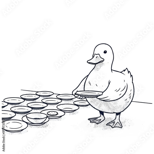 Duck holding a plate of coins.