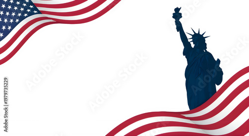 Statue of Liberty with American flag waving isolated on transparent background