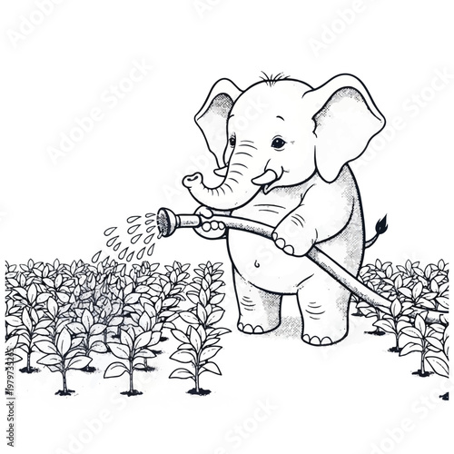 Elephant watering plants with hose 1.