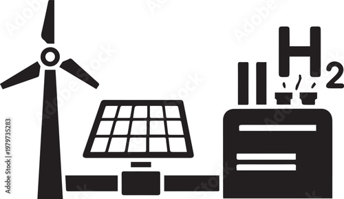 Vector illustration of renewable energy sources including wind turbine, solar panel, and hydrogen fuel cell