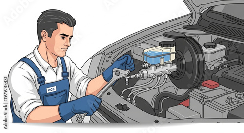 Mechanic Inspecting Car Engine Components Under Hood.
