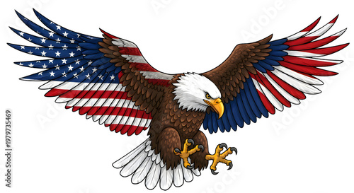 American Bald Eagle with Patriotic Wings Spread Wide isolated on transparent background