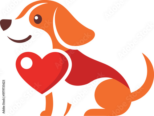 Friendly beagle puppy holding red heart for pet care company logo