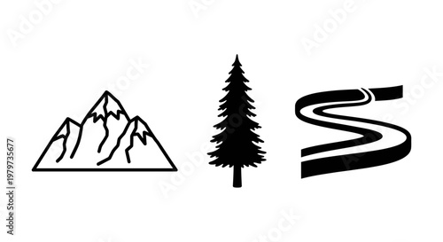 Mountain tree and road icons.