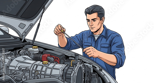 Mechanic Inspecting Car Engine Oil Level.