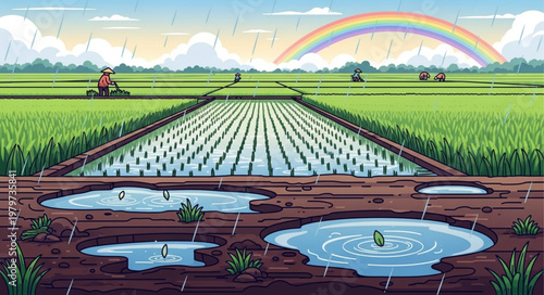 Rice Paddy Field with Water Puddles.