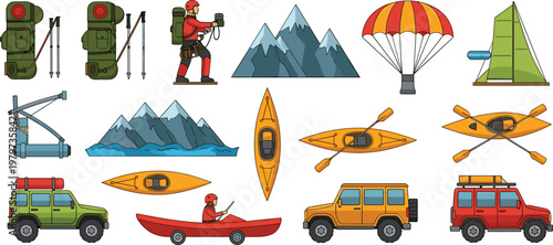 Outdoor Adventure And Extreme Sports Vector Set Featuring Kayaks Off-Road Vehicles Mountain Climbing Gear Parachutes And Snowy Peaks For Travel Tourism And Action Graphic Designs