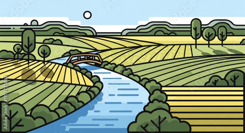 River flowing through green landscape fields.