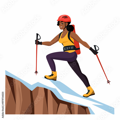 Young Woman Hiking Up a Snowy Mountain with Ski Poles and Backpack