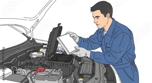 Mechanic Inspecting Car Engine Under Hood with Clipboard.