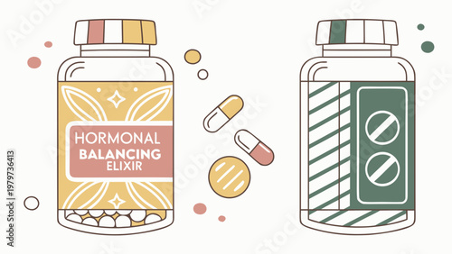 Hormonal balancing drinks with herbal ingredients and supplements in illustrated bottles promoting wellness and natural health