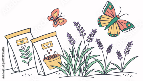 Butterfly sanctuary with blooming lavender and garden plants attracting butterflies creating peaceful eco friendly backyard or balcony habitat