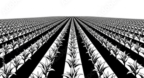 Rows of young plants in field.