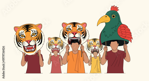 Illustration of five people holding up large animal masks, including tigers and a parrot, possibly for a cultural festival or parade.