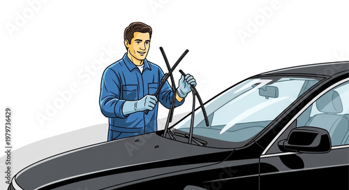 Man cleaning car windshield wipers for maintenance.