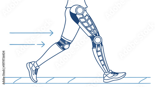 Futuristic wearable exoskeleton supporting human walking with robotic joints enhancing mobility and rehabilitation technology concept