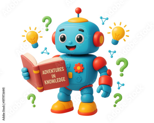 A funny colorful cartoon android toy figurine plays with 3d gift boxes and plastic objects in a fun childhood scene isolated for kids