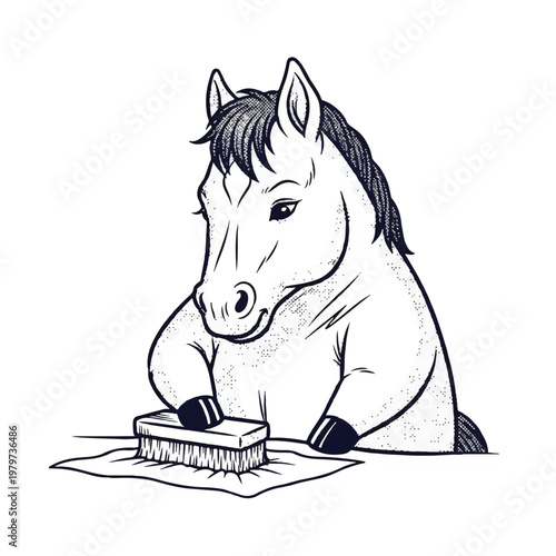 Horse brushing its own hoof carefully.