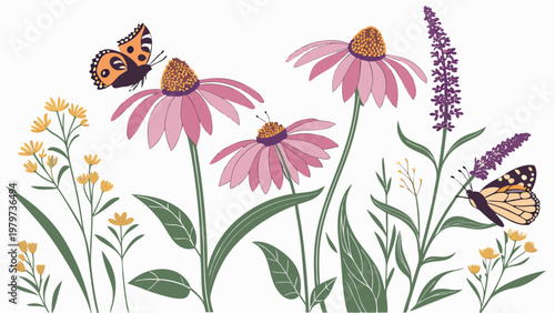 Butterfly sanctuary garden with blooming flowers attracting colorful butterflies creating natural habitat and eco friendly backyard or balcony concept