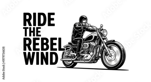 Man riding a classic motorcycle with text overlay.