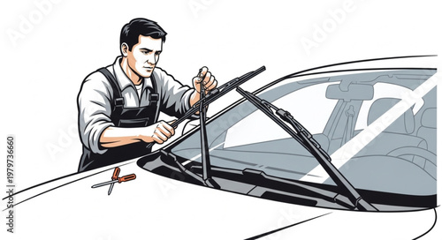 Man Replacing Car Windshield Wiper.