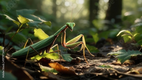 Mantis in a sunlit forest floor