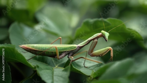 Mantis on a green leaf