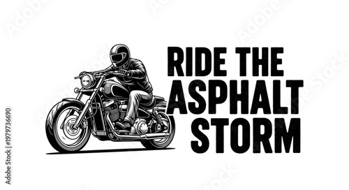 Man riding a motorcycle on asphalt with text.