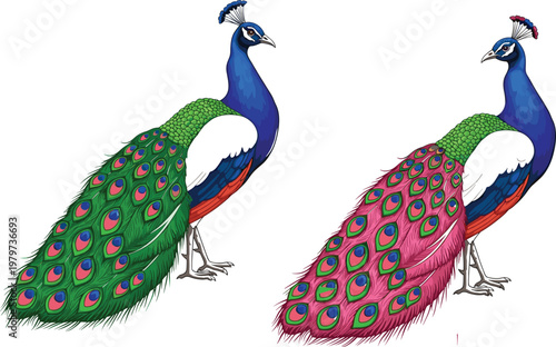 Vibrant vector illustration of two majestic peacocks featuring detailed blue plumage and ornate green and pink decorative tail feathers on a white background.