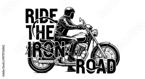 Man riding a motorcycle on the road with text.