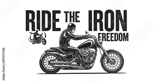 Man riding a motorcycle with text overlay.