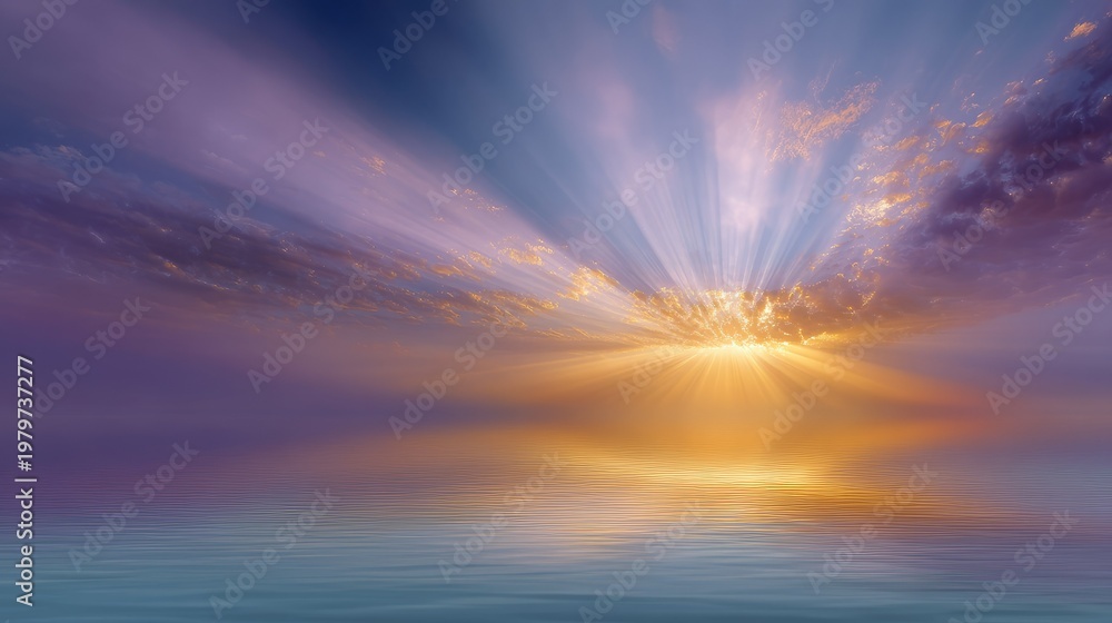 Fototapeta premium Serene Sunrise Over Calm Waters with Colorful Rays and Cloudy Sky Illuminating the Horizon Reflecting Tranquility and Beauty of Nature