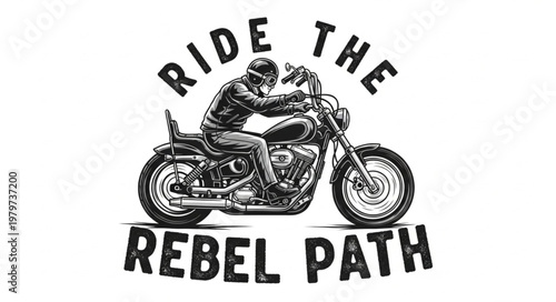 Man riding a motorcycle with text Ride The Rebel Path.