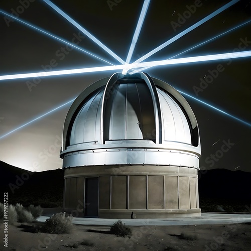 Astronomical observatory dome with laser beams pointing to the night sky