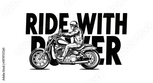 Man riding a motorcycle with text RIDE WITH PRIDE.