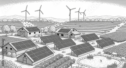 Sustainable community with solar panels.