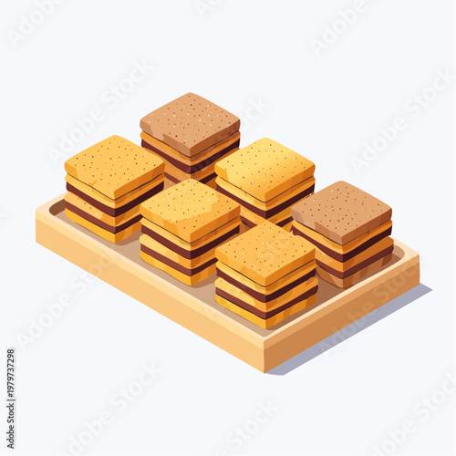 Deliciously Crafted Chocolate and Caramel Layered Dessert Squares on a Wooden Tray
