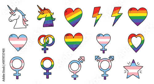 LGBTQ Pride symbols and icons with rainbow colors on white background