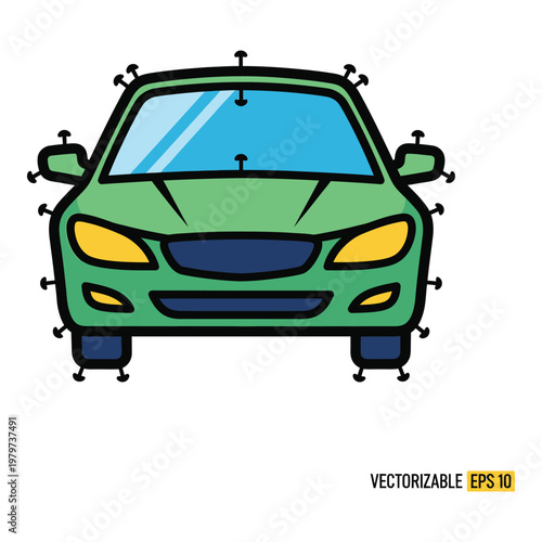 Green cartoon car front view with yellow headlights and blue windshield icon