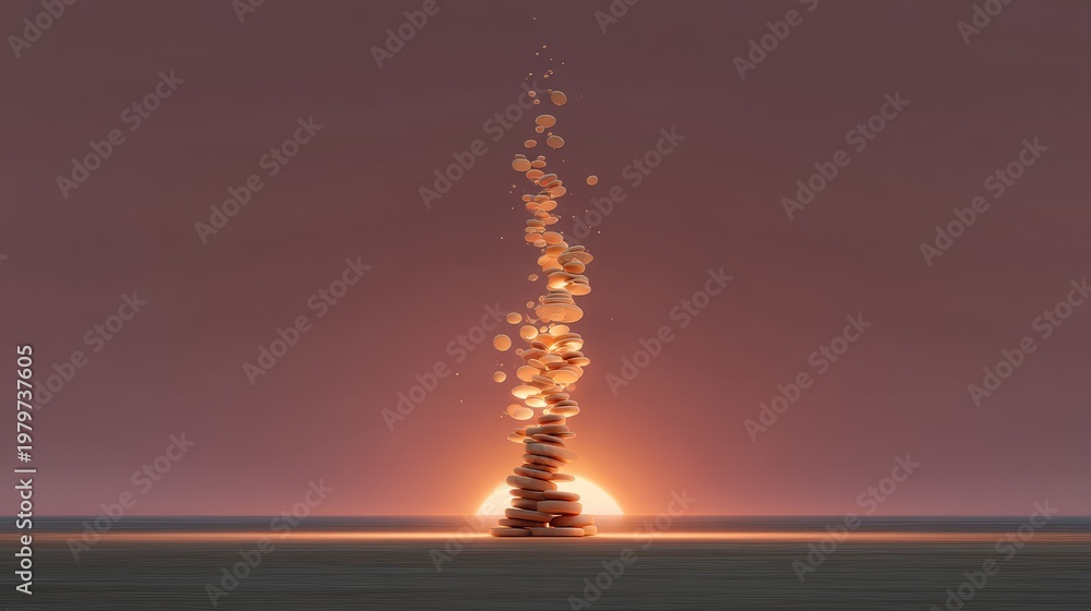Obraz premium Serene Sunrise Over Balanced Stones with Floating Particles, Demonstrating Tranquility and Harmony in Nature, Ideal for Meditation or Relaxation Themes