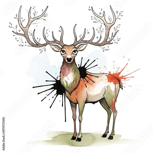 Large Antlered Deer with Paint Splatters.