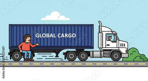 Man standing next to a global cargo shipping container truck on the road.