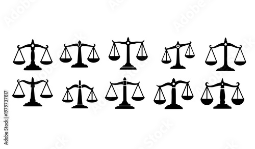 Justice Scales Silhouette Icon Set with Legal Balance Symbols in Flat Vector Style