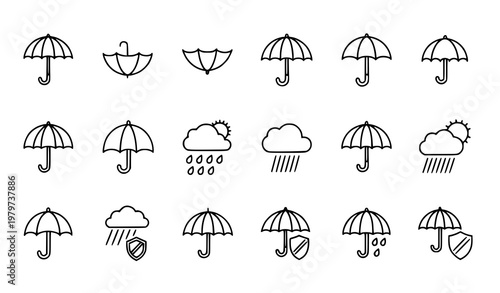 Pixel Perfect Umbrella and Rain Weather Icon Set with Protection Symbols for UI Design