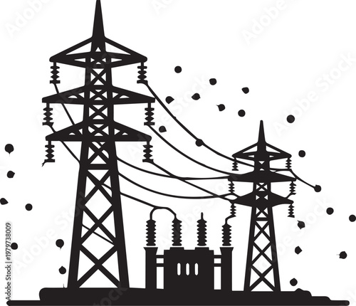Black silhouette of electricity transmission towers with power lines and substation isolated on white background