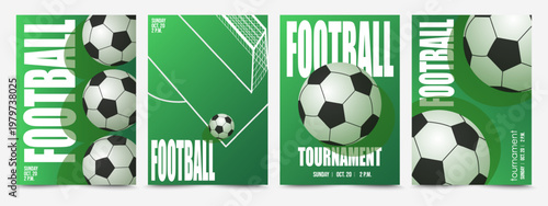 Template Sport Layout Design for soccer tournament invitation. Football league poster set. Ball on green football field, Goal. Vector graphic design