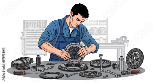Man working with car parts.