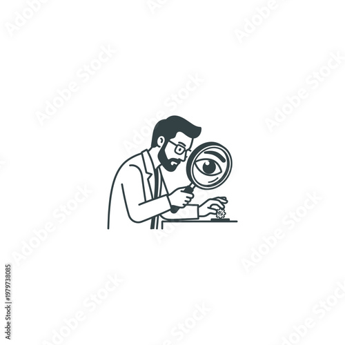 Man looking through magnifying glass closely.