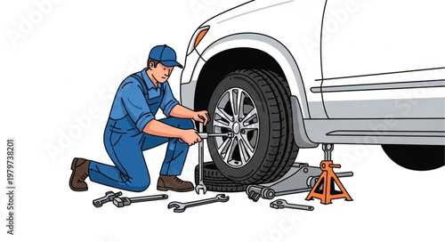 Mechanic Changing a Car Tire with Tools.