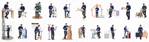 A collection of vector illustrations showing a professional man managing finances, home mortgage, and remote work in various office and household settings.